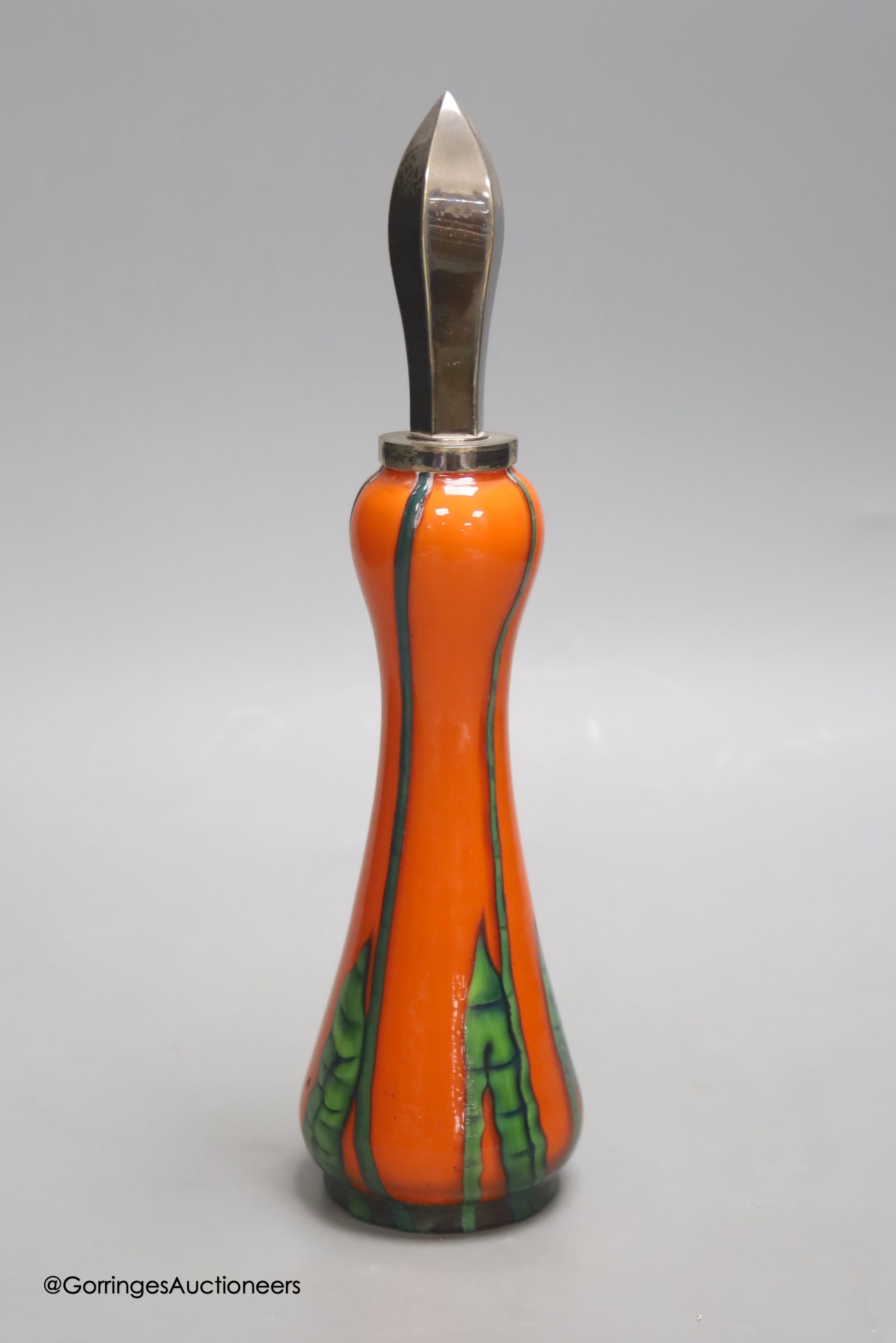 A stylish Art glass scent bottle, with plated stopper, height 37cm overall